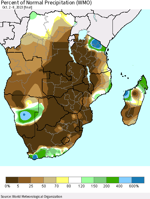 Southern Africa Percent of Normal Precipitation (WMO) Thematic Map For 10/2/2023 - 10/8/2023