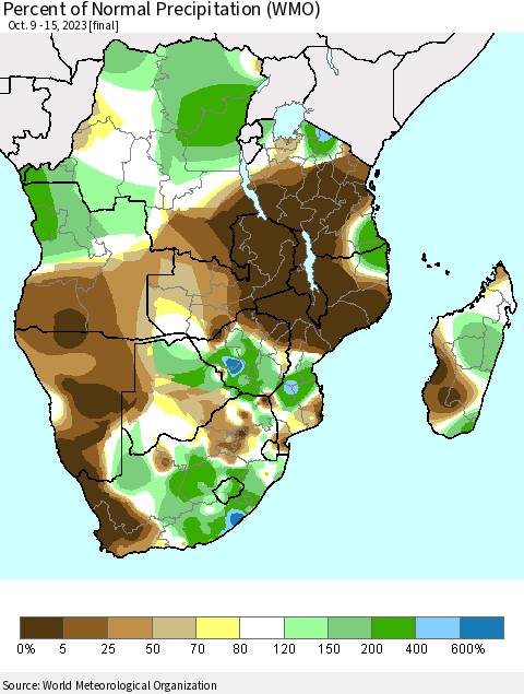 Southern Africa Percent of Normal Precipitation (WMO) Thematic Map For 10/9/2023 - 10/15/2023