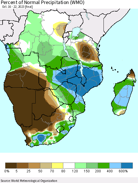 Southern Africa Percent of Normal Precipitation (WMO) Thematic Map For 10/16/2023 - 10/22/2023