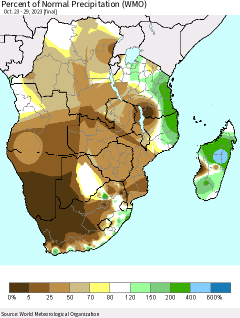Southern Africa Percent of Normal Precipitation (WMO) Thematic Map For 10/23/2023 - 10/29/2023