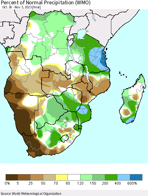 Southern Africa Percent of Normal Precipitation (WMO) Thematic Map For 10/30/2023 - 11/5/2023