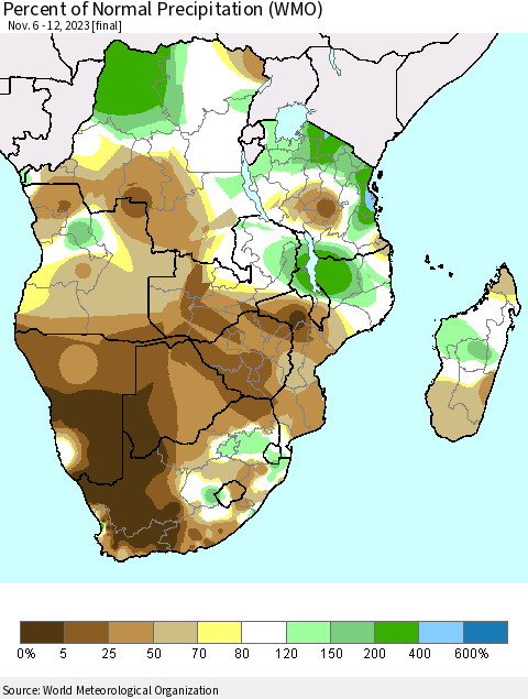 Southern Africa Percent of Normal Precipitation (WMO) Thematic Map For 11/6/2023 - 11/12/2023
