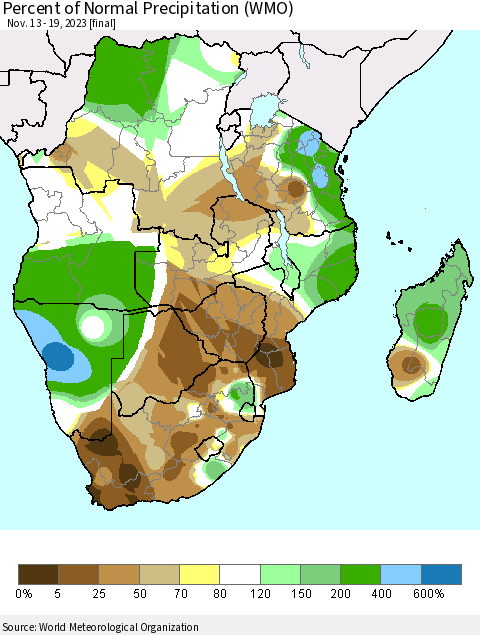 Southern Africa Percent of Normal Precipitation (WMO) Thematic Map For 11/13/2023 - 11/19/2023