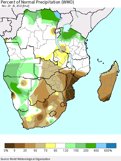 Southern Africa Percent of Normal Precipitation (WMO) Thematic Map For 11/20/2023 - 11/26/2023