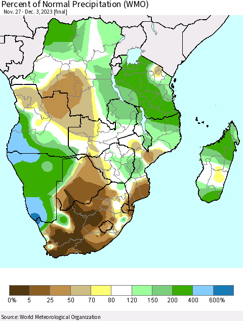 Southern Africa Percent of Normal Precipitation (WMO) Thematic Map For 11/27/2023 - 12/3/2023