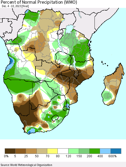 Southern Africa Percent of Normal Precipitation (WMO) Thematic Map For 12/4/2023 - 12/10/2023