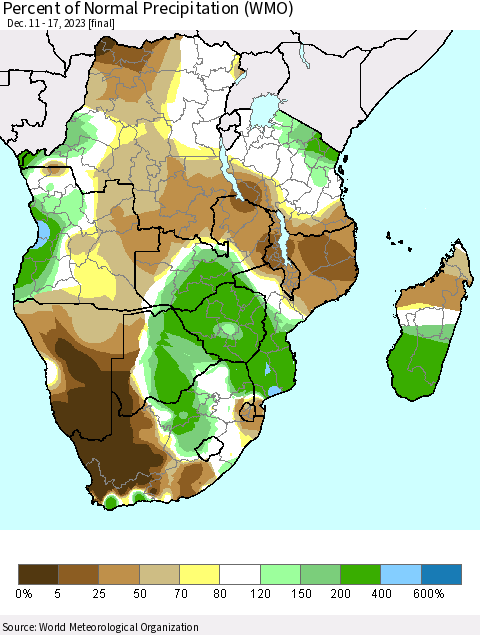 Southern Africa Percent of Normal Precipitation (WMO) Thematic Map For 12/11/2023 - 12/17/2023