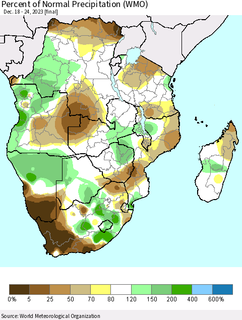 Southern Africa Percent of Normal Precipitation (WMO) Thematic Map For 12/18/2023 - 12/24/2023