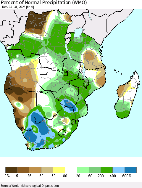Southern Africa Percent of Normal Precipitation (WMO) Thematic Map For 12/25/2023 - 12/31/2023