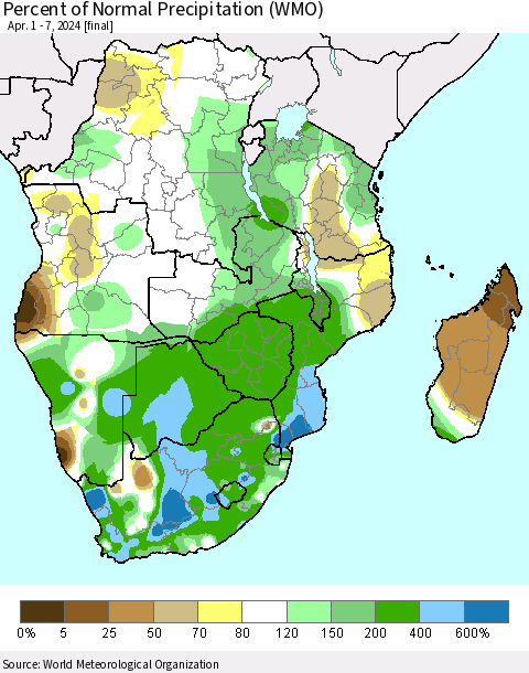 Southern Africa Percent of Normal Precipitation (WMO) Thematic Map For 4/1/2024 - 4/7/2024