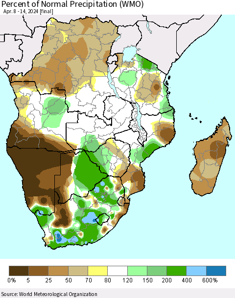 Southern Africa Percent of Normal Precipitation (WMO) Thematic Map For 4/8/2024 - 4/14/2024