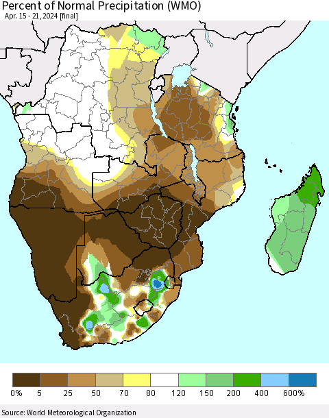 Southern Africa Percent of Normal Precipitation (WMO) Thematic Map For 4/15/2024 - 4/21/2024