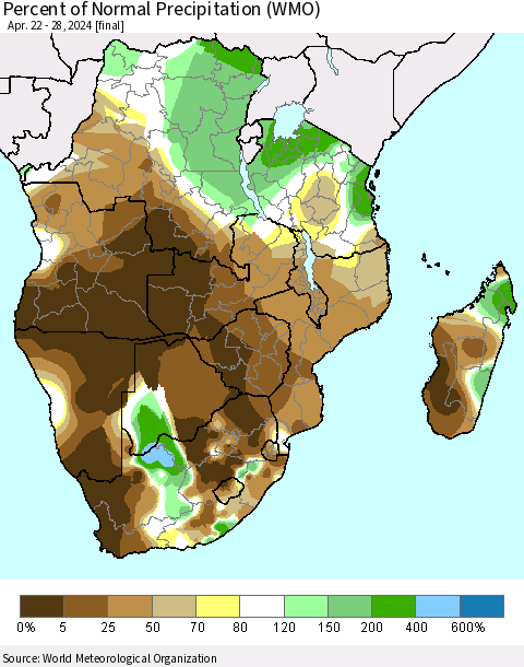 Southern Africa Percent of Normal Precipitation (WMO) Thematic Map For 4/22/2024 - 4/28/2024