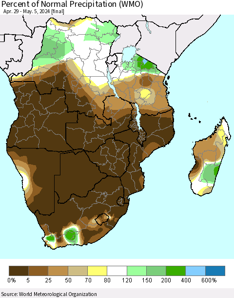 Southern Africa Percent of Normal Precipitation (WMO) Thematic Map For 4/29/2024 - 5/5/2024