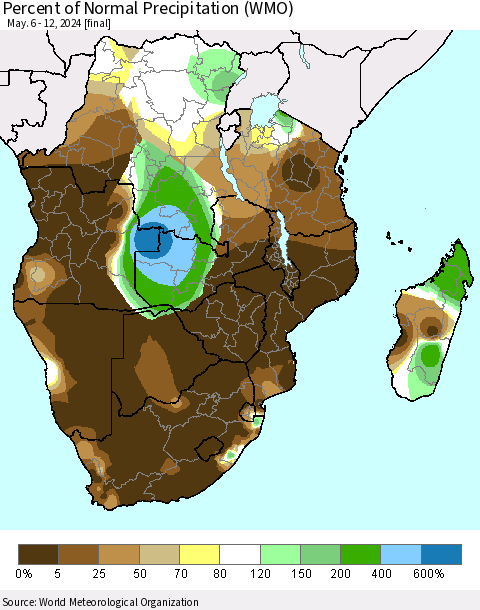 Southern Africa Percent of Normal Precipitation (WMO) Thematic Map For 5/6/2024 - 5/12/2024