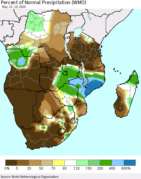 Southern Africa Percent of Normal Precipitation (WMO) Thematic Map For 5/13/2024 - 5/19/2024