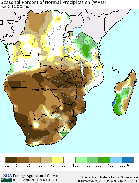 Southern Africa Seasonal Percent of Normal Precipitation (WMO) Thematic Map For 4/1/2021 - 4/10/2021