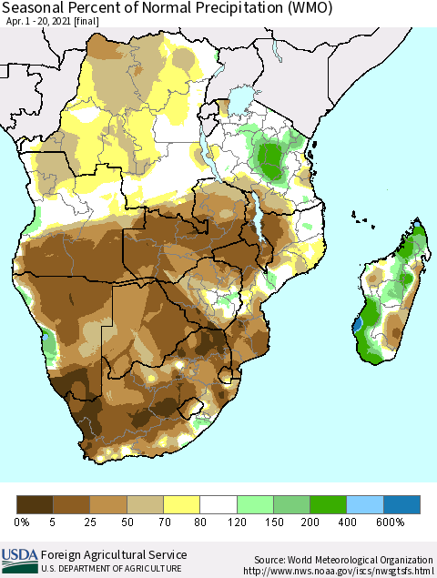 Southern Africa Seasonal Percent of Normal Precipitation (WMO) Thematic Map For 4/1/2021 - 4/20/2021