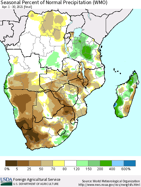 Southern Africa Seasonal Percent of Normal Precipitation (WMO) Thematic Map For 4/1/2021 - 4/30/2021