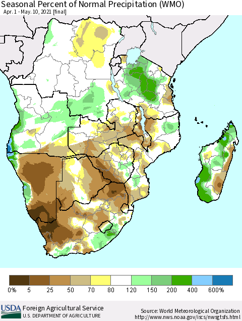 Southern Africa Seasonal Percent of Normal Precipitation (WMO) Thematic Map For 4/1/2021 - 5/10/2021