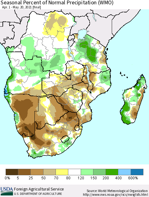 Southern Africa Seasonal Percent of Normal Precipitation (WMO) Thematic Map For 4/1/2021 - 5/20/2021