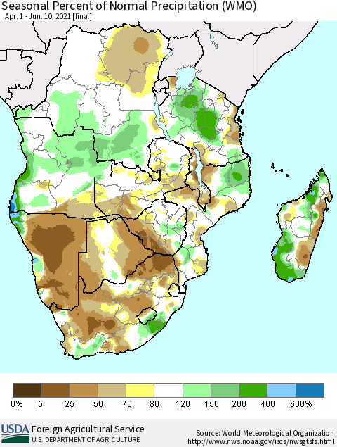 Southern Africa Seasonal Percent of Normal Precipitation (WMO) Thematic Map For 4/1/2021 - 6/10/2021