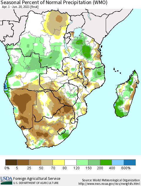 Southern Africa Seasonal Percent of Normal Precipitation (WMO) Thematic Map For 4/1/2021 - 6/20/2021