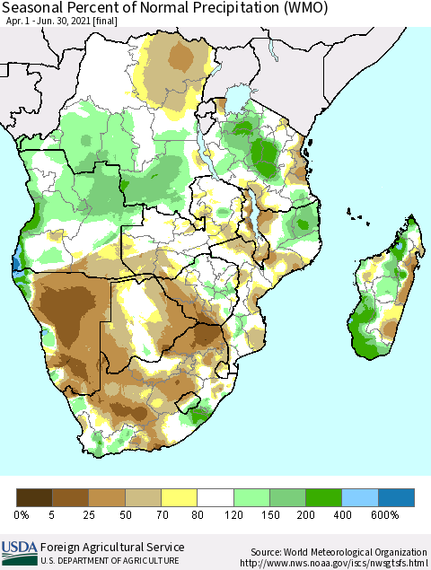 Southern Africa Seasonal Percent of Normal Precipitation (WMO) Thematic Map For 4/1/2021 - 6/30/2021