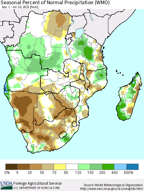 Southern Africa Seasonal Percent of Normal Precipitation (WMO) Thematic Map For 4/1/2021 - 7/10/2021