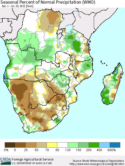 Southern Africa Seasonal Percent of Normal Precipitation (WMO) Thematic Map For 4/1/2021 - 7/20/2021