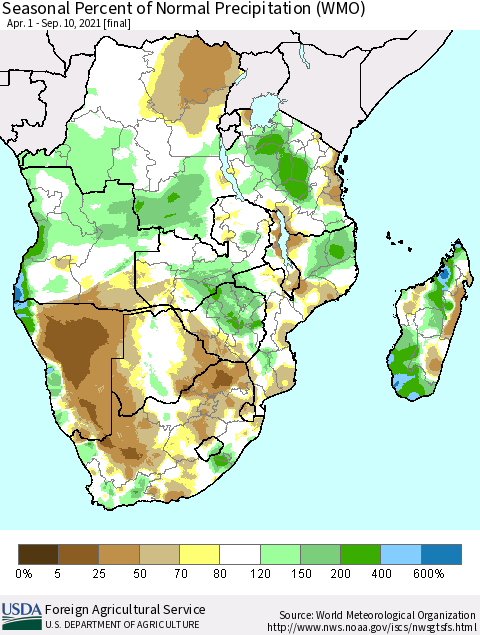 Southern Africa Seasonal Percent of Normal Precipitation (WMO) Thematic Map For 4/1/2021 - 9/10/2021