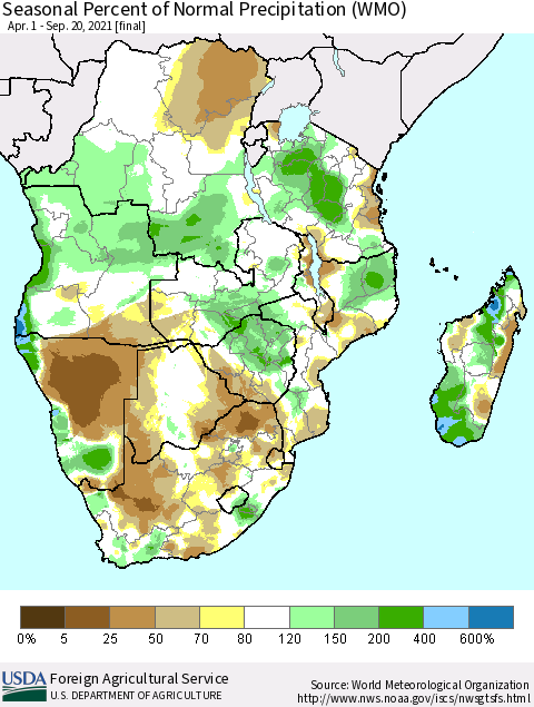 Southern Africa Seasonal Percent of Normal Precipitation (WMO) Thematic Map For 4/1/2021 - 9/20/2021