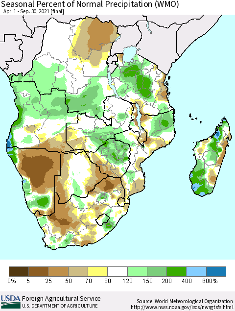 Southern Africa Seasonal Percent of Normal Precipitation (WMO) Thematic Map For 4/1/2021 - 9/30/2021