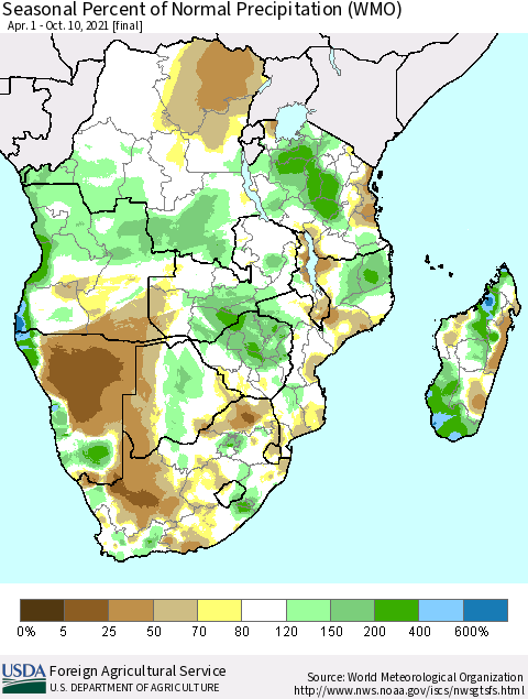 Southern Africa Seasonal Percent of Normal Precipitation (WMO) Thematic Map For 4/1/2021 - 10/10/2021