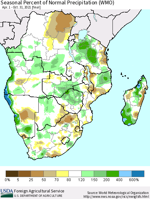 Southern Africa Seasonal Percent of Normal Precipitation (WMO) Thematic Map For 4/1/2021 - 10/31/2021