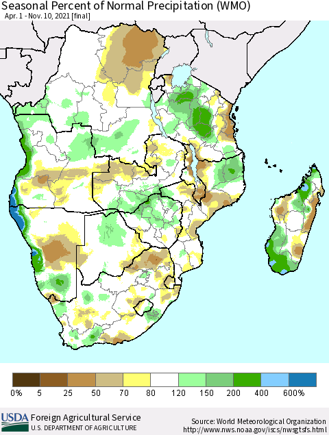Southern Africa Seasonal Percent of Normal Precipitation (WMO) Thematic Map For 4/1/2021 - 11/10/2021