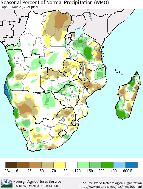 Southern Africa Seasonal Percent of Normal Precipitation (WMO) Thematic Map For 4/1/2021 - 11/20/2021