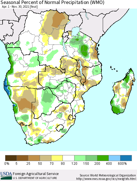 Southern Africa Seasonal Percent of Normal Precipitation (WMO) Thematic Map For 4/1/2021 - 11/30/2021