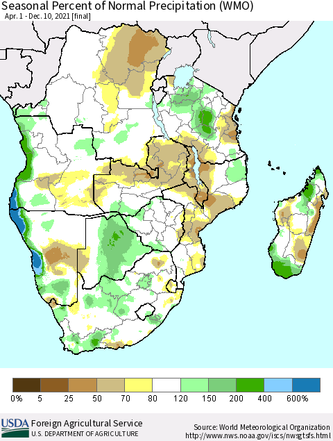 Southern Africa Seasonal Percent of Normal Precipitation (WMO) Thematic Map For 4/1/2021 - 12/10/2021