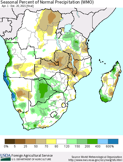 Southern Africa Seasonal Percent of Normal Precipitation (WMO) Thematic Map For 4/1/2021 - 12/20/2021