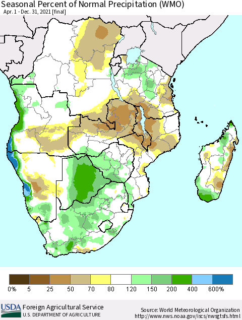 Southern Africa Seasonal Percent of Normal Precipitation (WMO) Thematic Map For 4/1/2021 - 12/31/2021