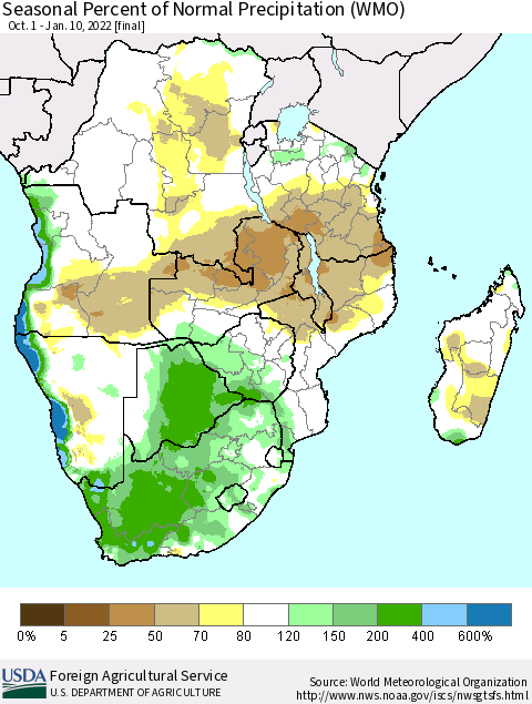 Southern Africa Seasonal Percent of Normal Precipitation (WMO) Thematic Map For 10/1/2021 - 1/10/2022