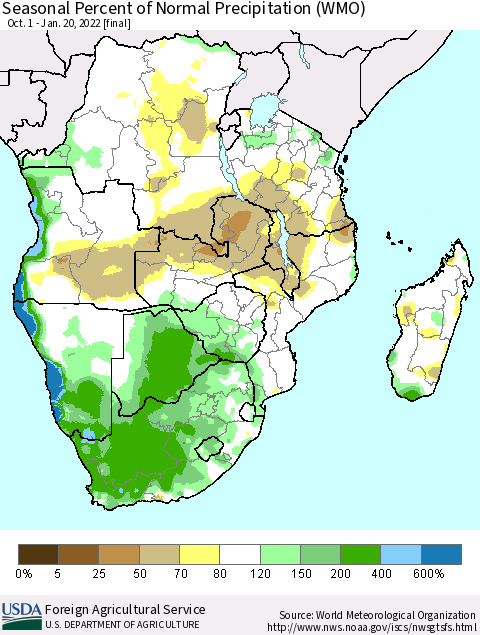 Southern Africa Seasonal Percent of Normal Precipitation (WMO) Thematic Map For 10/1/2021 - 1/20/2022