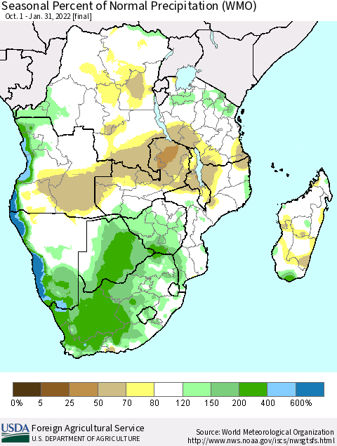 Southern Africa Seasonal Percent of Normal Precipitation (WMO) Thematic Map For 10/1/2021 - 1/31/2022