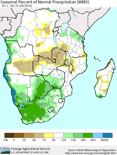 Southern Africa Seasonal Percent of Normal Precipitation (WMO) Thematic Map For 10/1/2021 - 2/10/2022