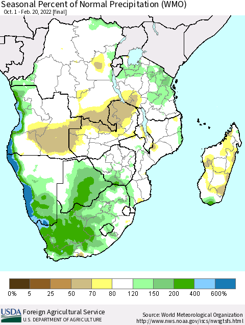 Southern Africa Seasonal Percent of Normal Precipitation (WMO) Thematic Map For 10/1/2021 - 2/20/2022
