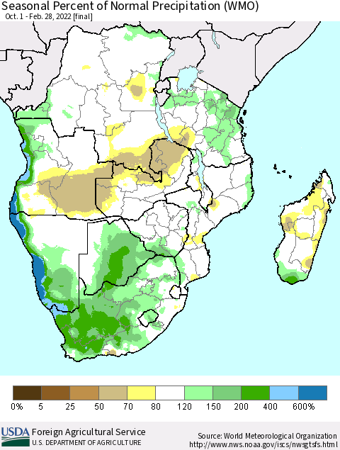 Southern Africa Seasonal Percent of Normal Precipitation (WMO) Thematic Map For 10/1/2021 - 2/28/2022