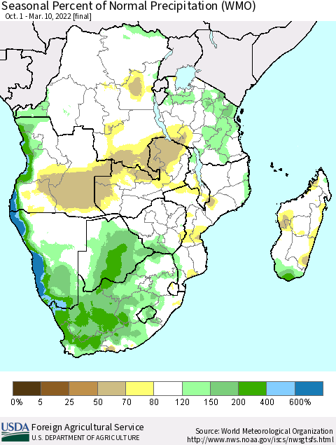 Southern Africa Seasonal Percent of Normal Precipitation (WMO) Thematic Map For 10/1/2021 - 3/10/2022