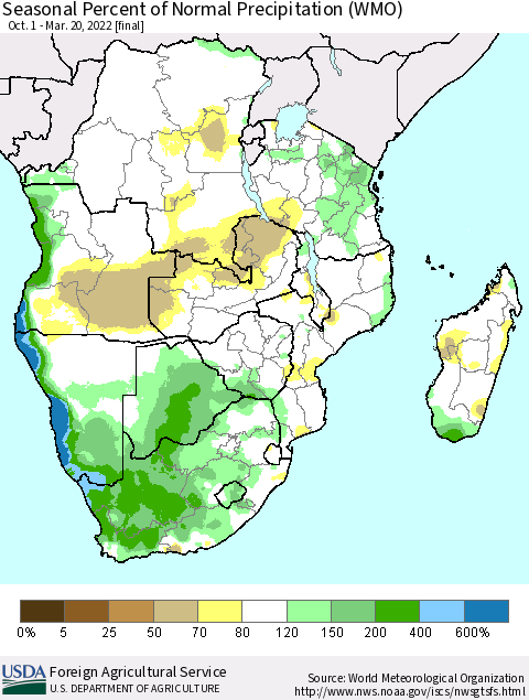 Southern Africa Seasonal Percent of Normal Precipitation (WMO) Thematic Map For 10/1/2021 - 3/20/2022