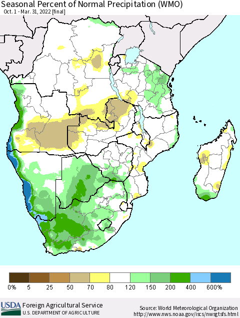 Southern Africa Seasonal Percent of Normal Precipitation (WMO) Thematic Map For 10/1/2021 - 3/31/2022